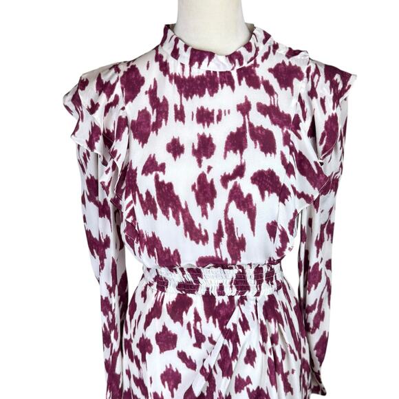 Isabel Marant Etoile 38 White Maroon Tie Dye 100% Silk Long Sleeve Ruffle Dress - Picture 4 of 13